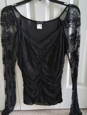 VENUS Black Lace Ruched Sexy Scoop Neck Top